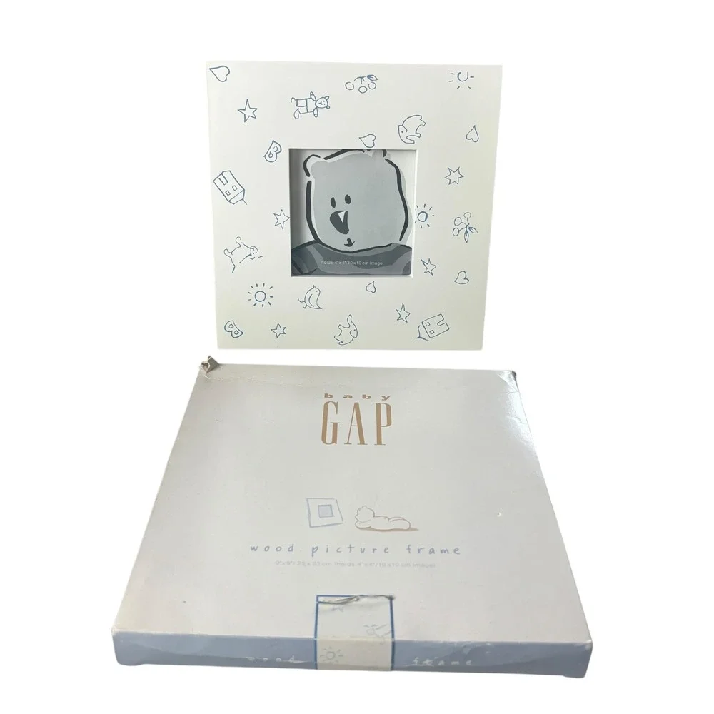 Baby GAP Wood Picture Frame Baby 4x4 White Blue Nursery Sketches Bear Elephant